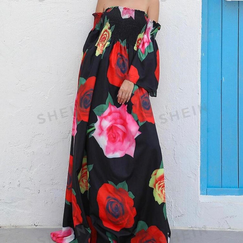 NWT Shein Missord Off Shoulder Shirred Bodice Floral Maxi Dress Sz M